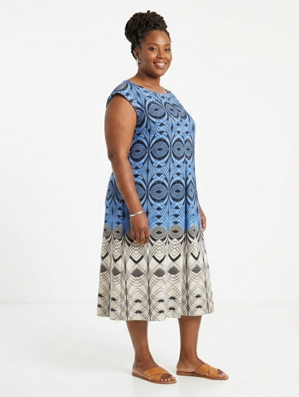 Mod Retro Sleeveless Midi Dress Plus Size 18W Blue Black Geometric Print Office